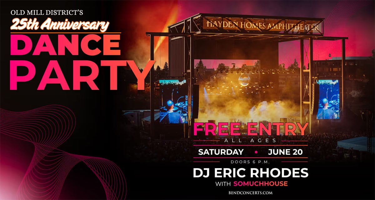 Old Mill District's 25th Anniversary Dance Party Poster for June 20th