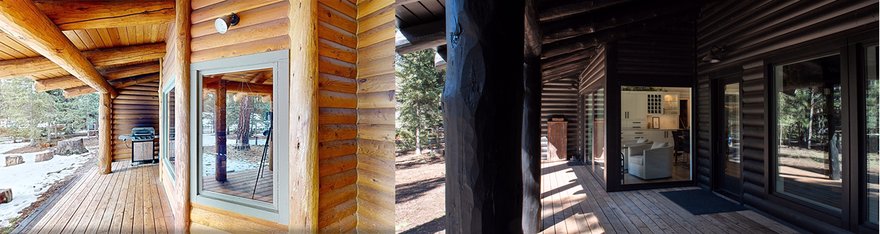 Before and after of the back deck remodel on a log cabin home in Central Oregon