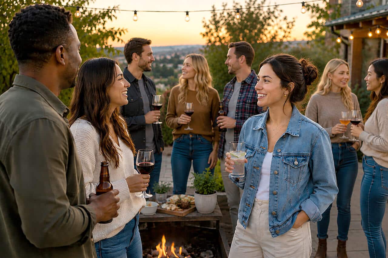 Group of adults celebrating at sunset at a party.
