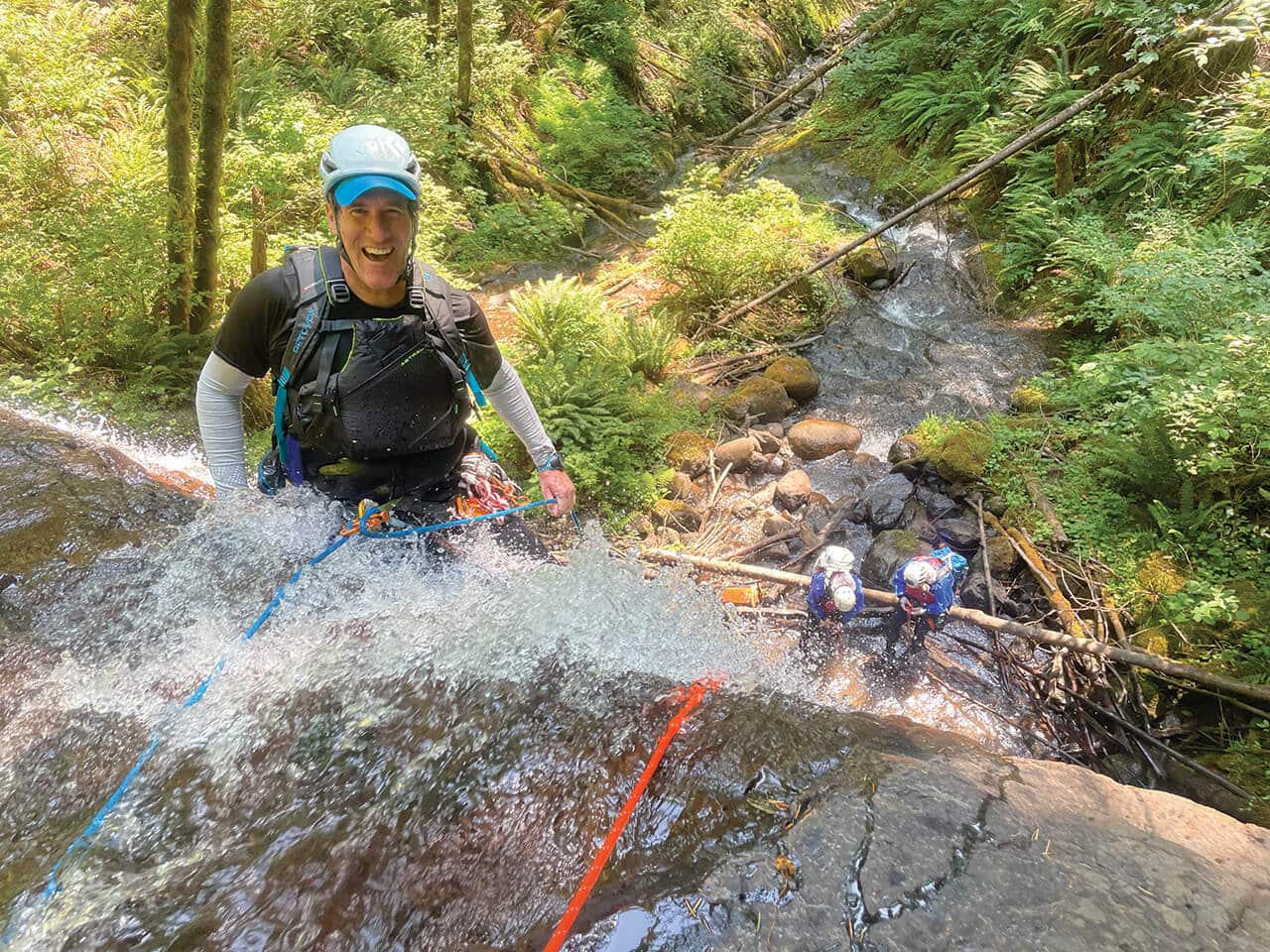 David Hill prepares to rappel his first waterfall at Big Alder Creek.