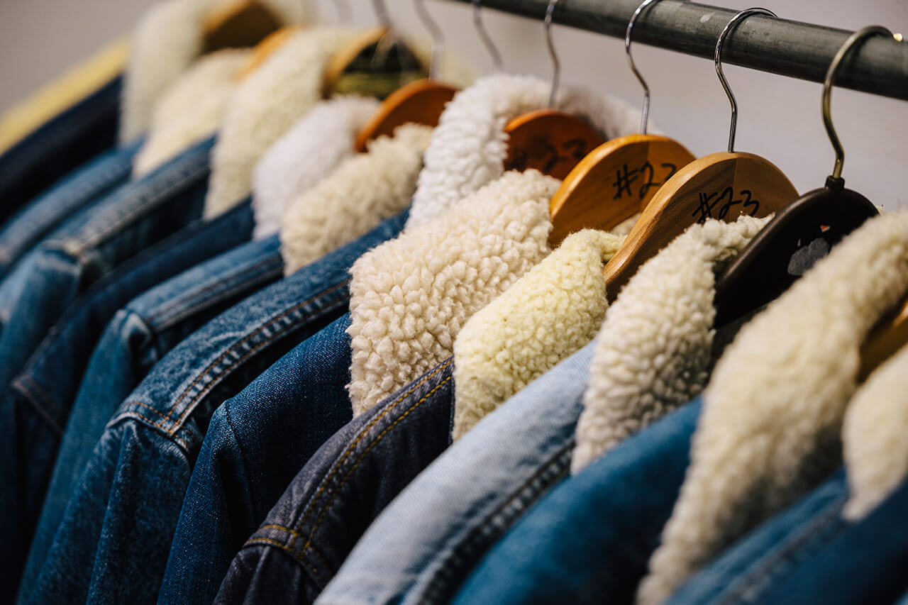 Line up of fur lined jean jackets at Casa de Stela in Bend