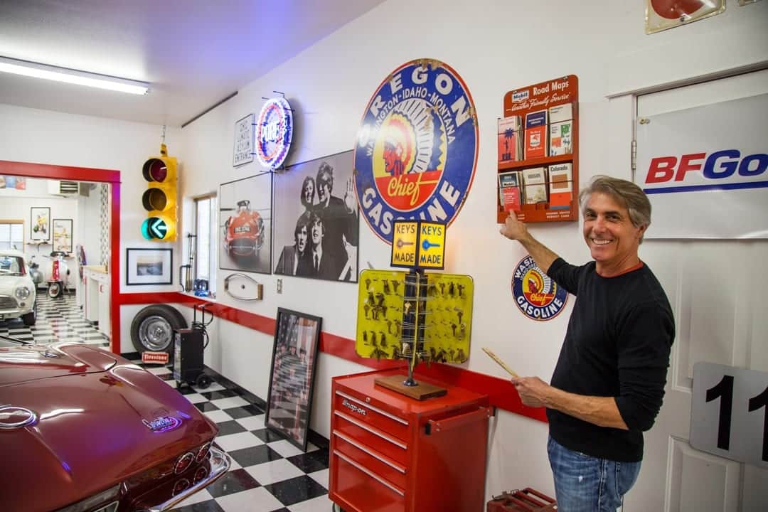 Tim Scianamblo in his dream garage in Bend, Oregon