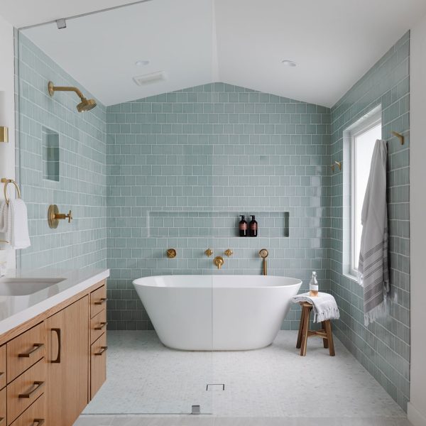 Light turquoise open wet room bathroom design